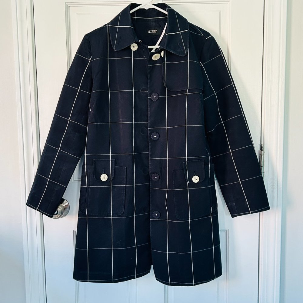 Hobbs Navy Blue Trench Coat with Window Pane Pattern (size 12)